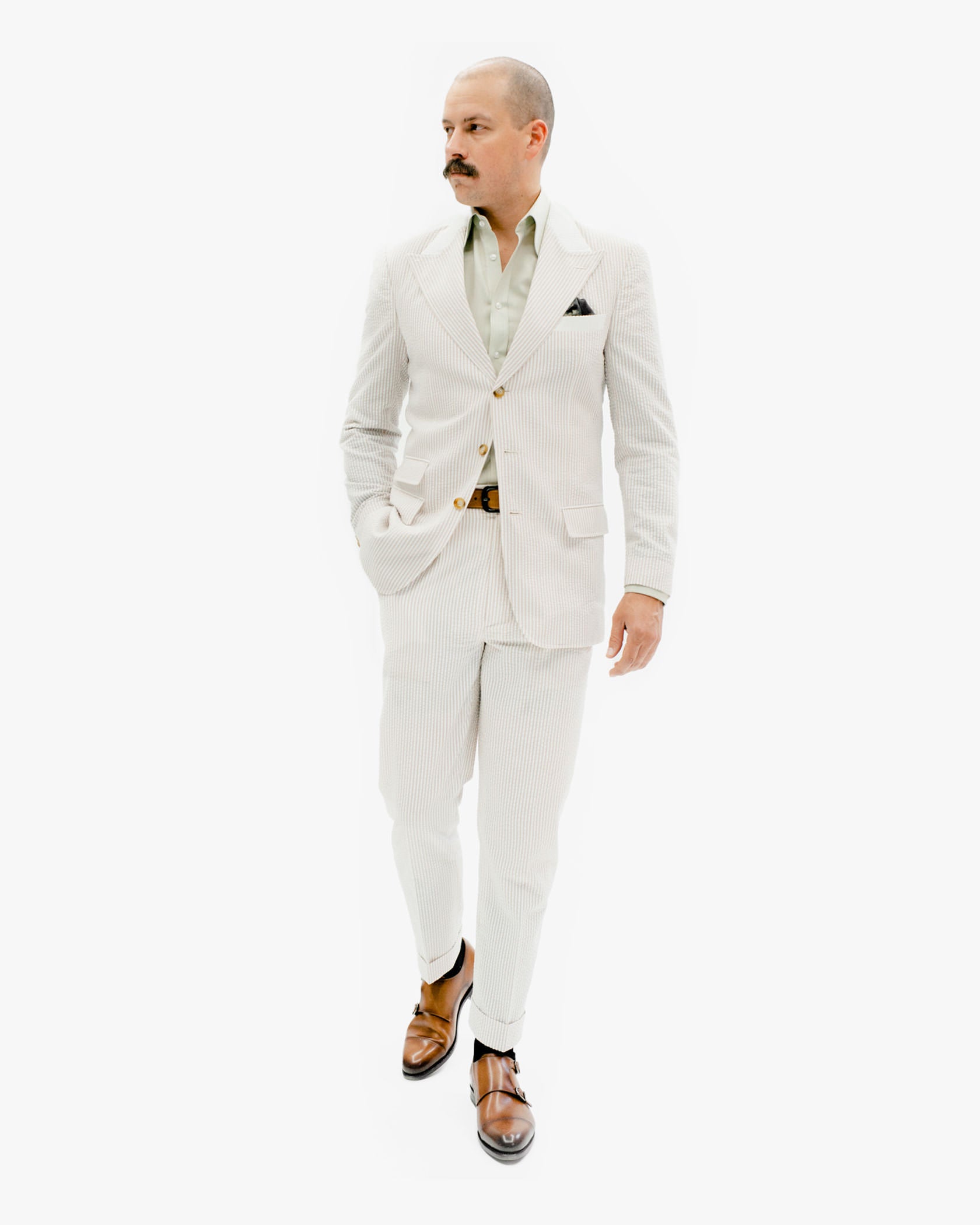 Cream Seersucker Suit with Brown Knit Tie
